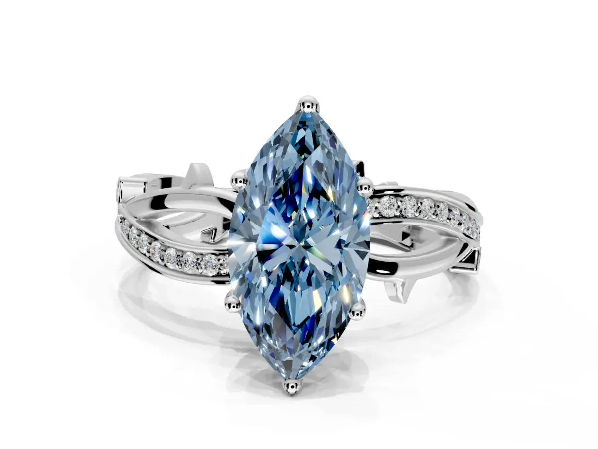 Solitaire Engagement Ring Setting for Fancy Blue Marquise Center with Pave and Plain Crossover Band and Prong Head in Platinum