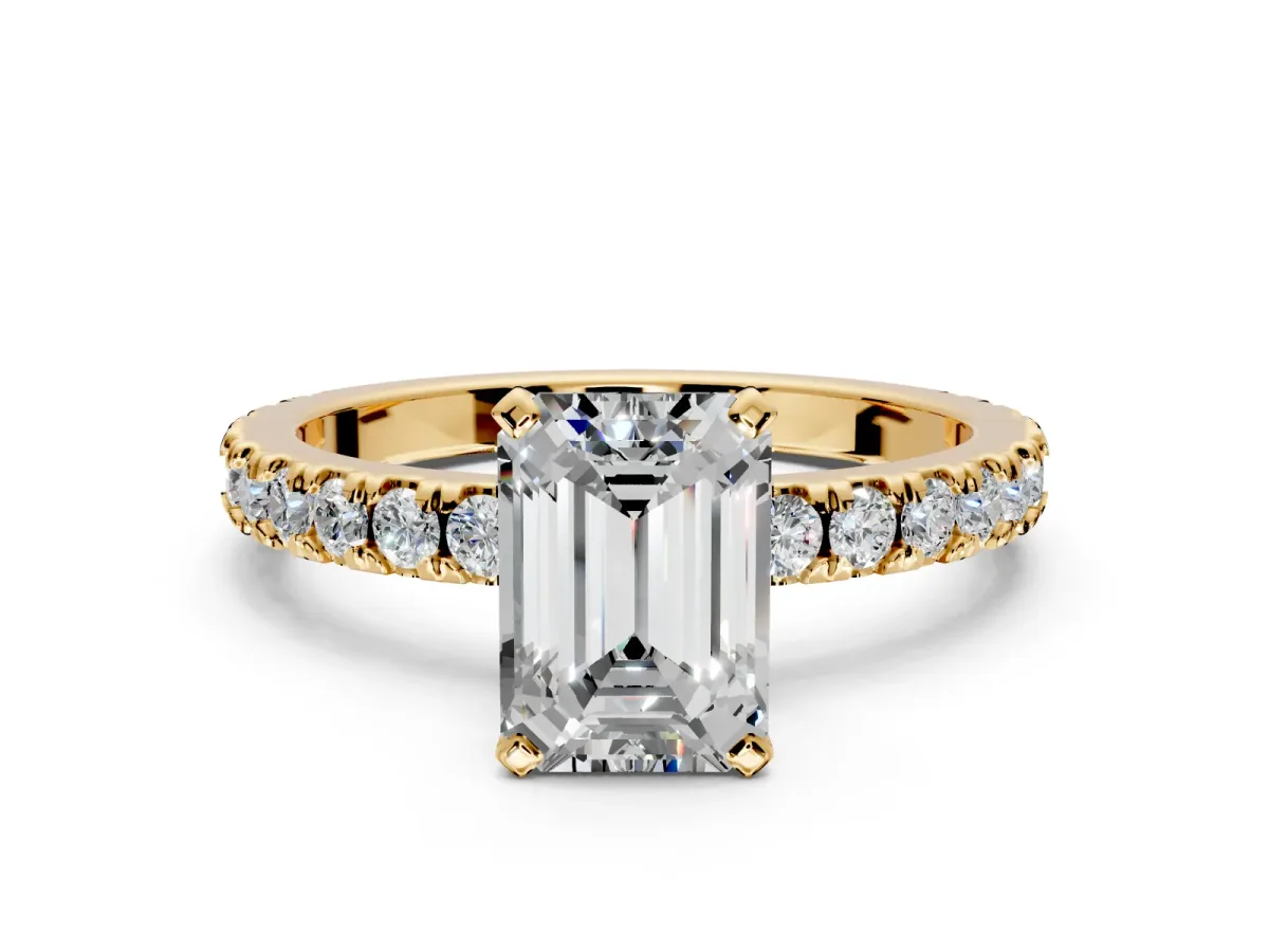 Solitaire Engagement Ring Setting for Emerald Cut Center with Fine Pave Band and Claw Prong Head in Yellow Gold