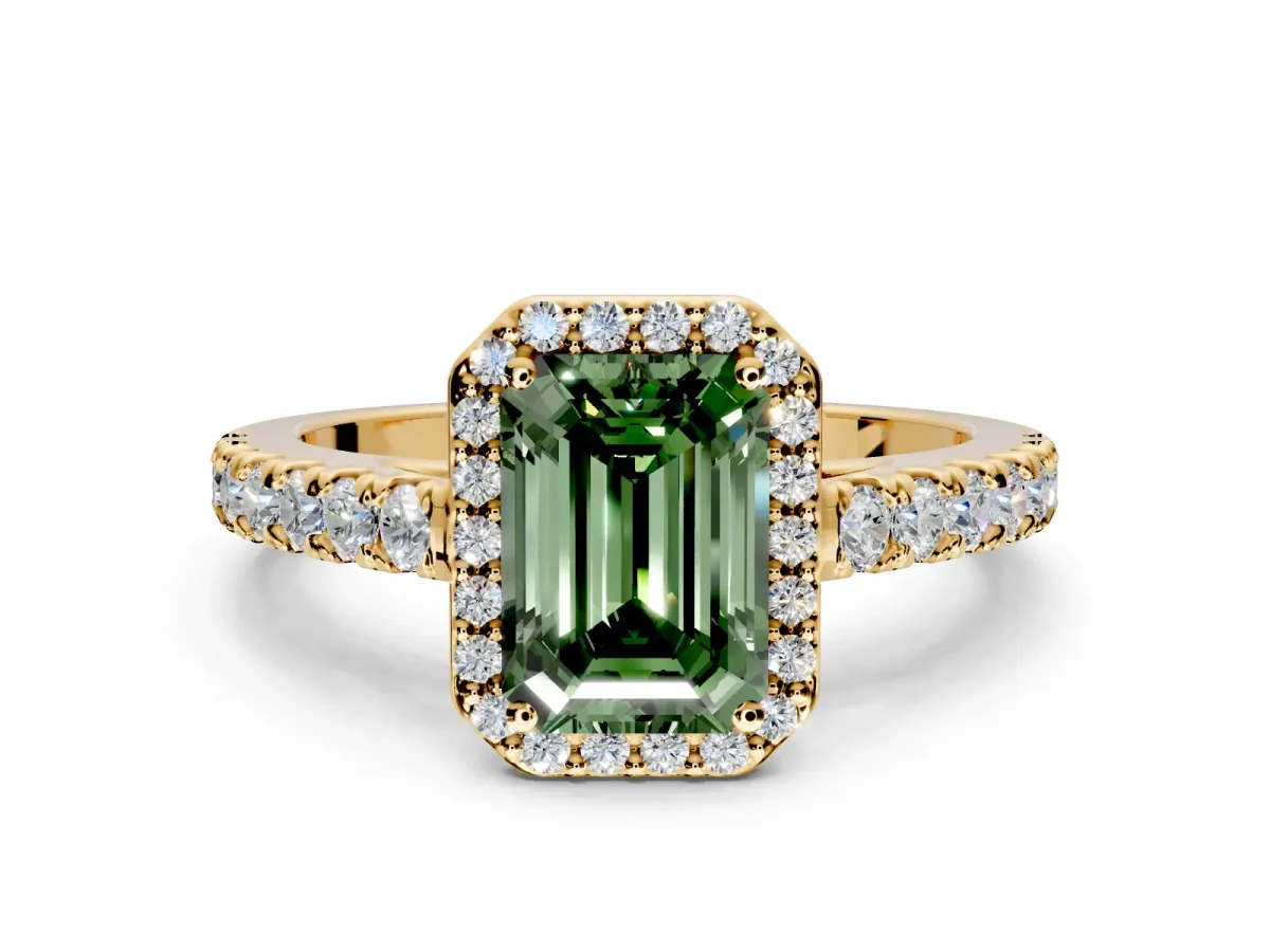 Halo Engagement Ring Setting for Fancy Green Emerald Cut Center with Full Pave Band and Prong Head in Yellow Gold