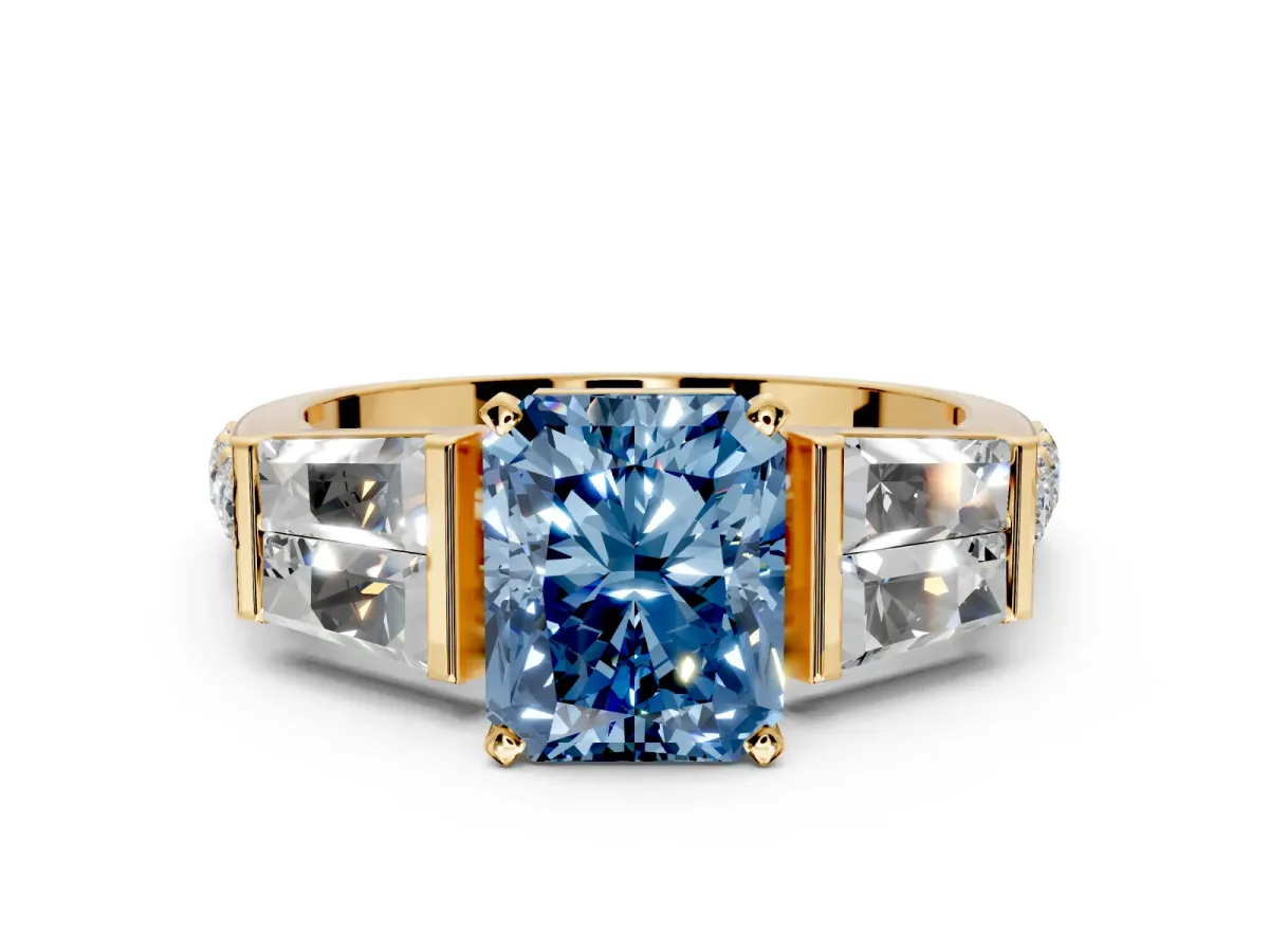 Channel-Set Engagement Ring Setting for Fancy Blue Radiant Cut Center with Baguette Band and Prong Head in Yellow Gold