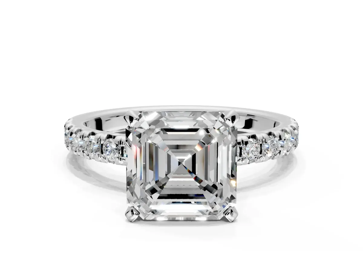 Solitaire Engagement Ring Setting for Asscher Cut Center with Large Accents and Prong Head in Platinum