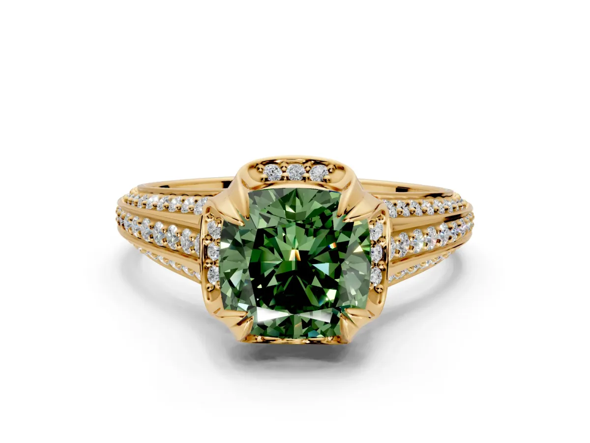 Solitaire Engagement Ring Setting for Fancy Green Cushion Cut Center with Accented Split Shank and Prong Head in Yellow Gold