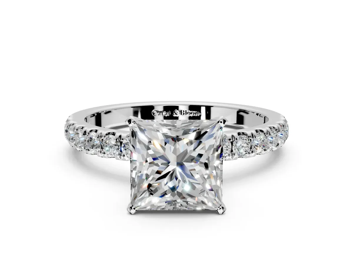 Open Basket Engagement Ring Setting for Princess Cut Center with Pave Band and Prong Head in Sterling Silver