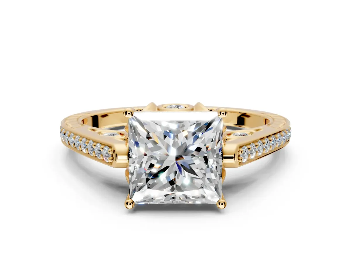 Cathedral Engagement Ring Setting for Princess Cut Center with Antique-Style Pave Band and Prong Head in Yellow Gold