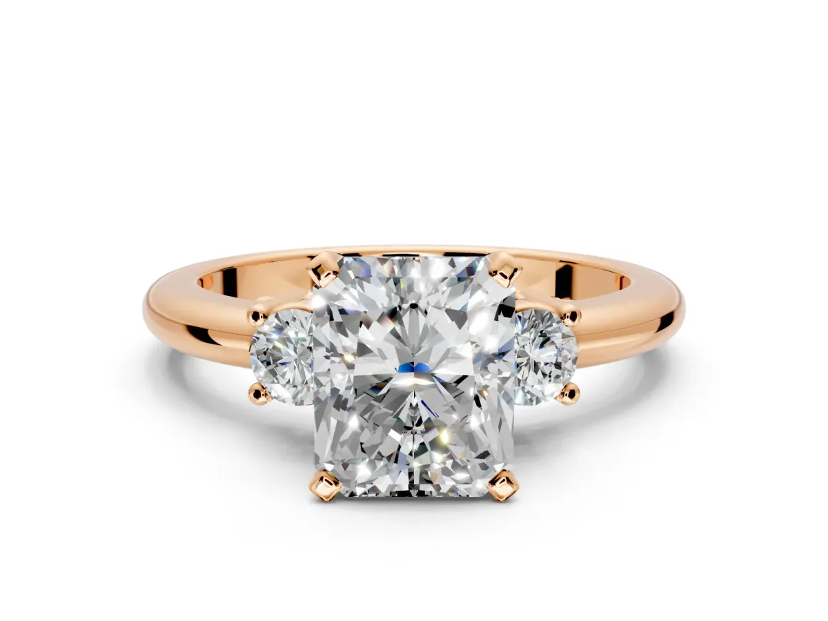 3 Stone Engagement Ring Setting for Radiant Cut Center with Wide Plain Band and Prong Head in Rose Gold