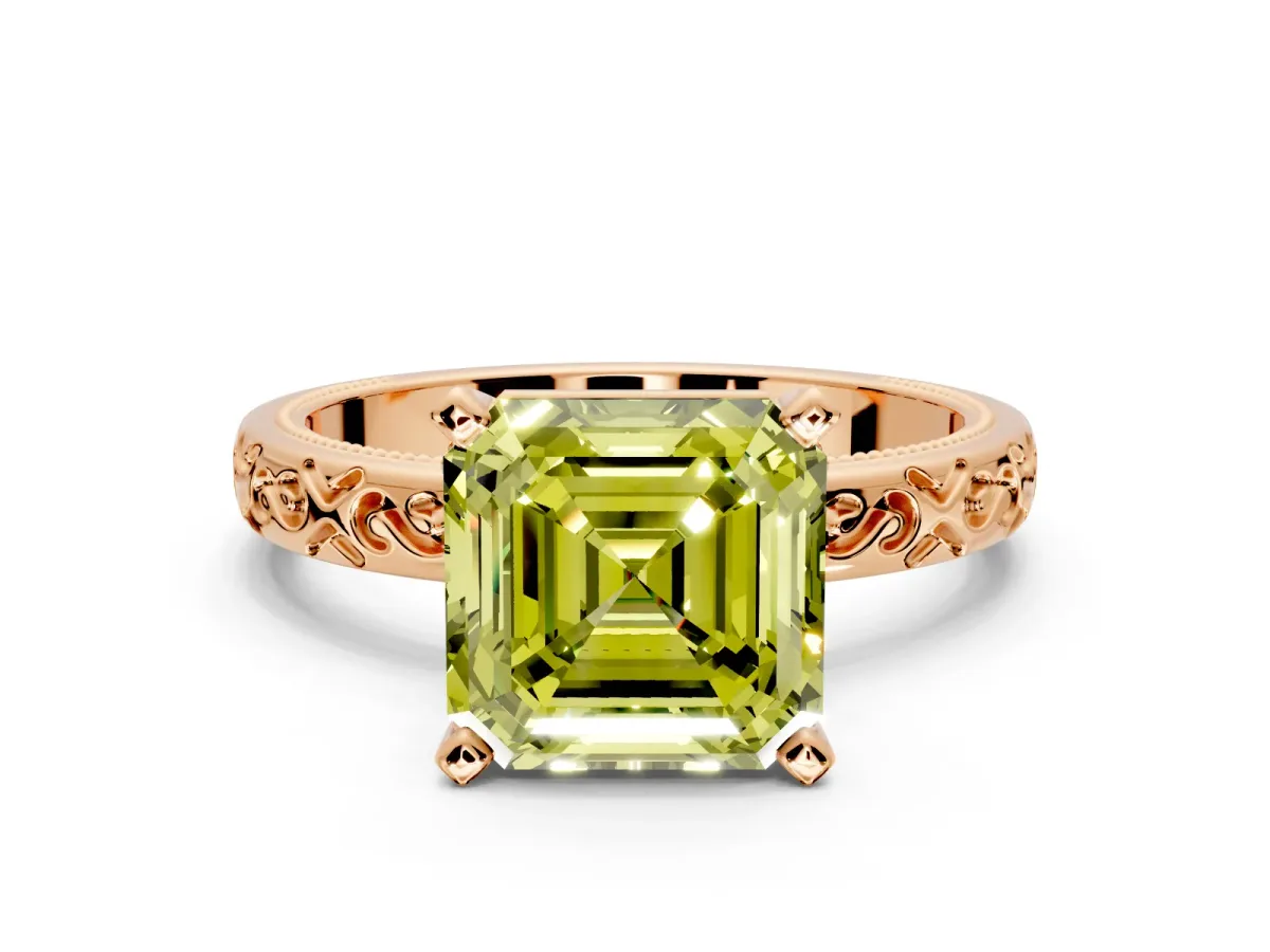 Solitaire Engagement Ring Setting for Fancy Yellow Asscher Cut Center with Scrollwork Band and Prong Head in Rose Gold