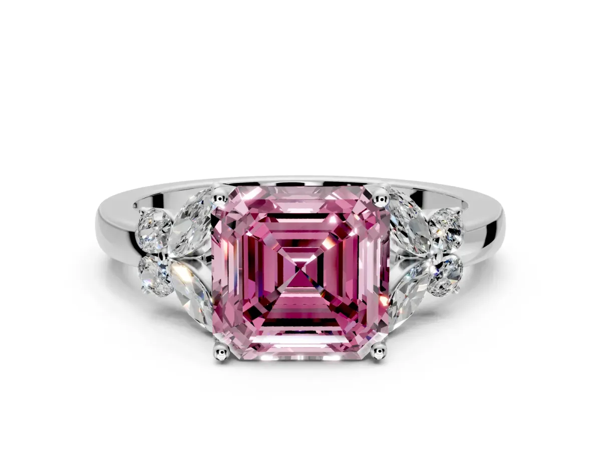 Solitaire Engagement Ring Setting for Fancy Pink Asscher Cut Center with Marquise Flower Shoulders and Prong Head in White Gold