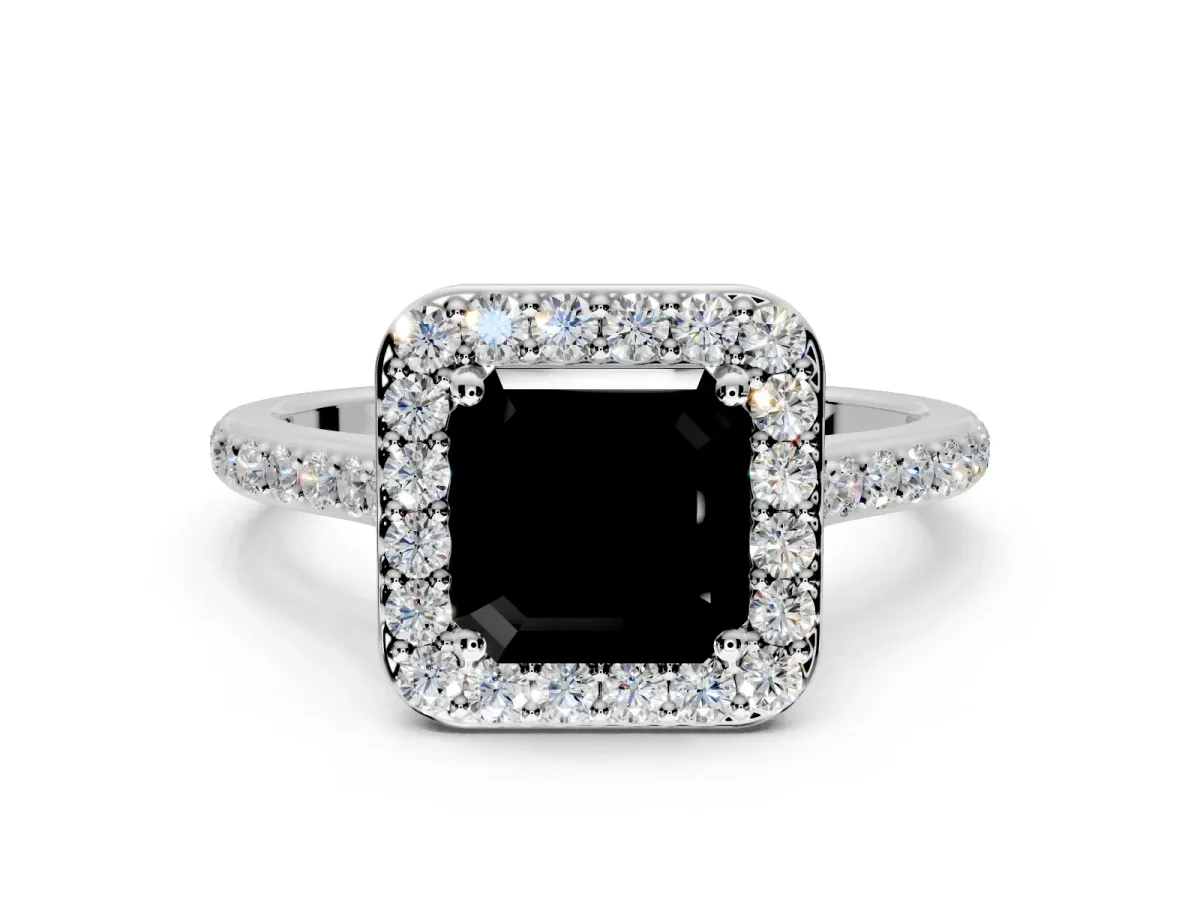 Halo Engagement Ring Setting for Fancy Black Asscher Cut Center with Pave Accents, Heart Basket and Prong Head in Sterling Silver