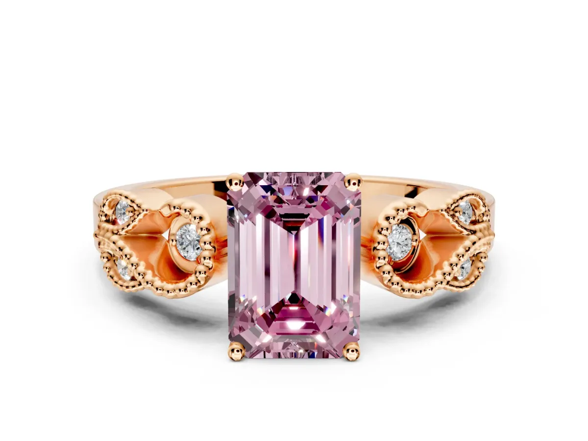 Leaf Engagement Ring Setting for Fancy Pink Emerald Cut Center with Milgrain Accent Band and Prong Head in Rose Gold