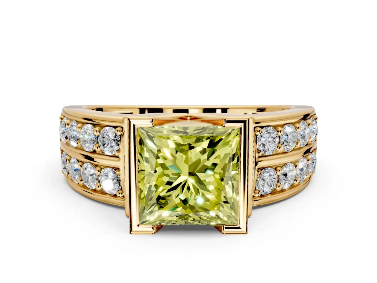 Bezel Engagement Ring Setting for Fancy Yellow Princess Cut Center with Wide Channel-Set Band and Bezel Head in Yellow Gold