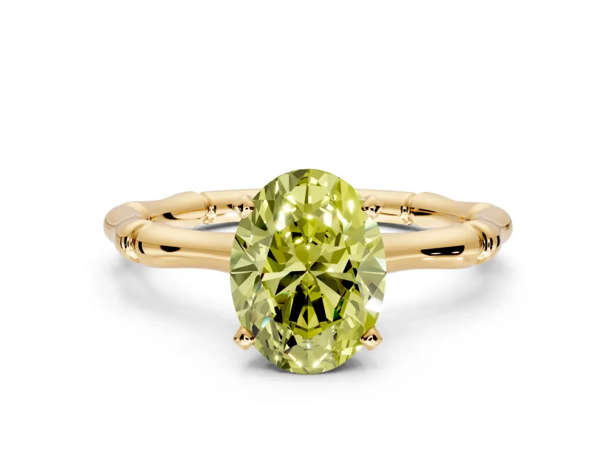 Solitaire Engagement Ring Setting for Fancy Yellow Oval Center with Bamboo Band and Prong Head in Yellow Gold