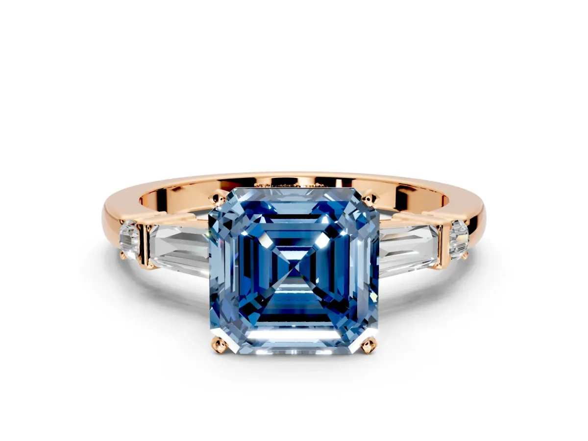 Bar-Set Engagement Ring Setting for Fancy Blue Asscher Cut Center with Tapered Baguette Accents and Prong Head in Rose Gold