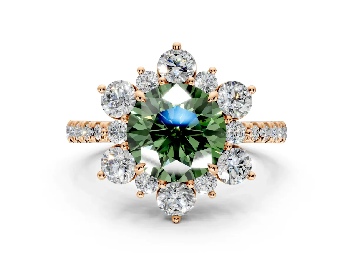 Floral Halo Engagement Ring Setting for Fancy Green Round Cut Center with Pave Accents and Prong Head in Rose Gold