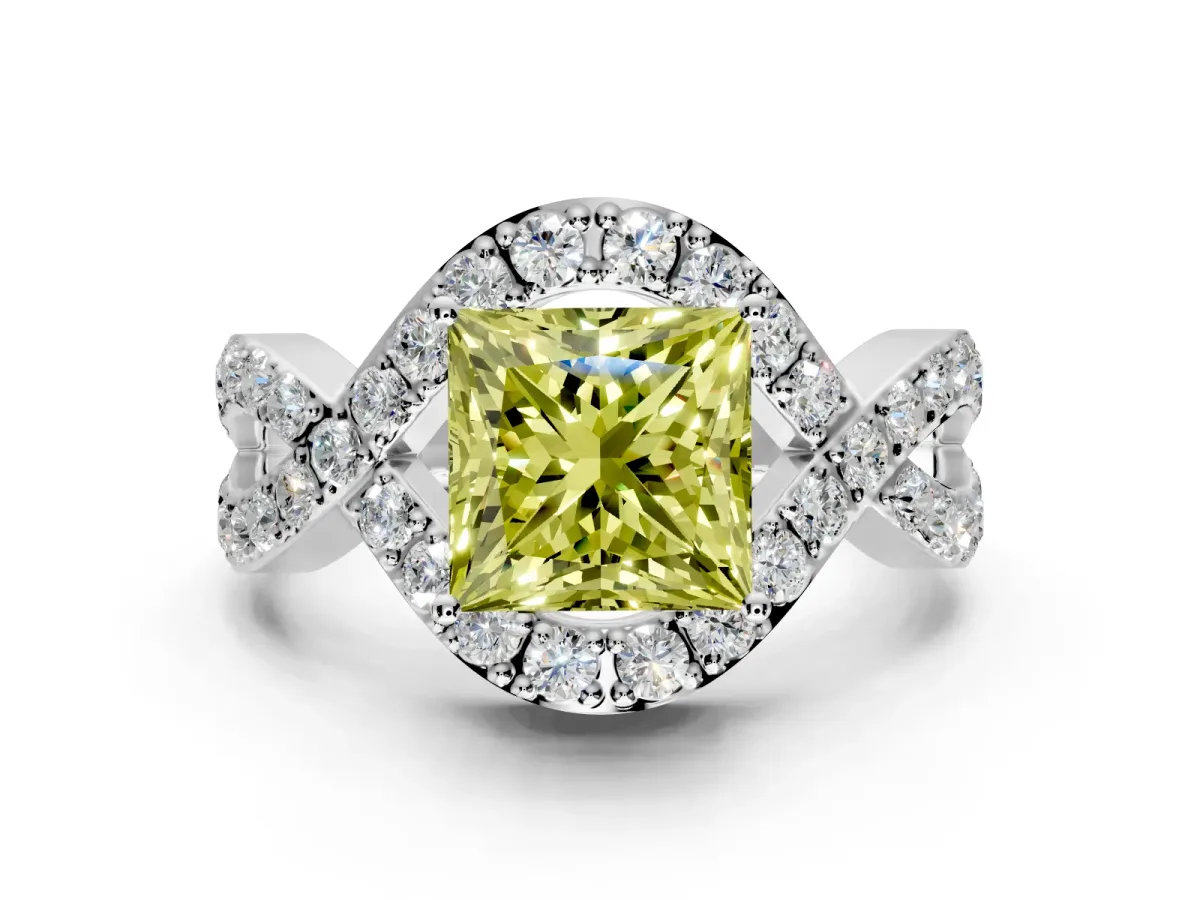 Halo Engagement Ring Setting for Fancy Yellow Princess Cut Center with Pave Infinity Twist Band and Prong Head in Sterling Silver