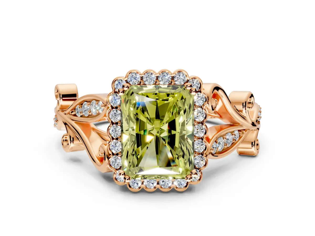 Halo Engagement Ring Setting for Fancy Yellow Radiant Cut Center with Leaf Motif Split Shank and Prong Head in Rose Gold