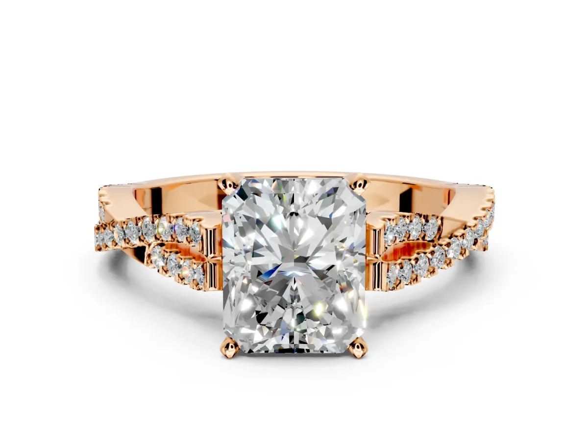 Solitaire Engagement Ring Setting for Radiant Cut Center with Twisted Pave Split Shank and Prong Head in Rose Gold