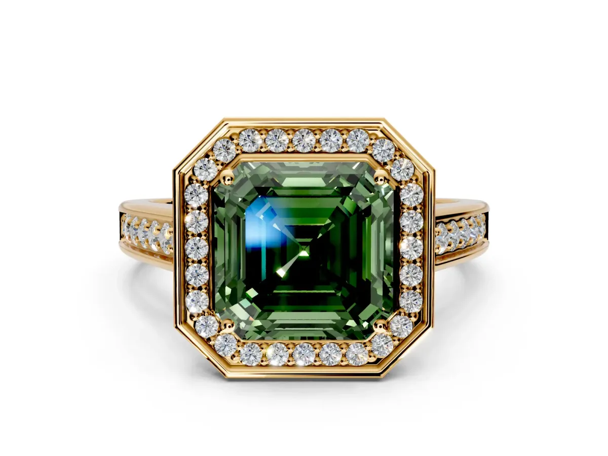 Halo Engagement Ring Setting for Fancy Green Asscher Cut Center with Outer Bezel Rim, Pave Band and Prong Head in Yellow Gold