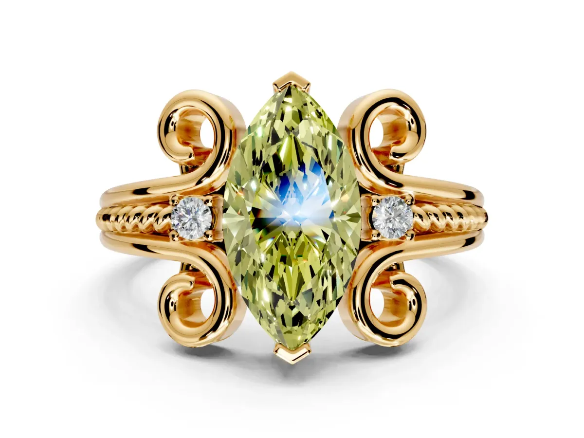 Solitaire Engagement Ring Setting for Fancy Yellow Marquise Center with Twisted Band and Scroll Prong Head in Yellow Gold