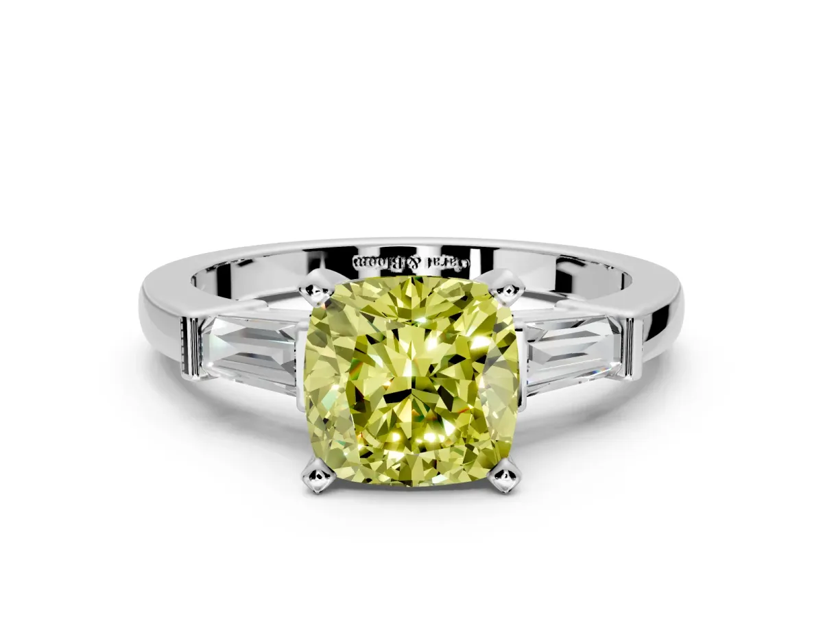 3 Stone Engagement Ring Setting for Fancy Yellow Cushion Cut Center with Channel Baguette Accents and Prong Head in White Gold