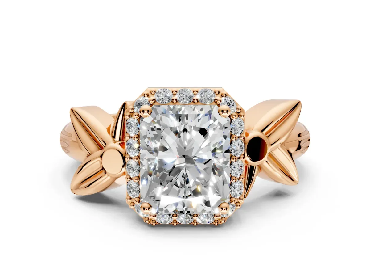 Halo Engagement Ring Setting for Radiant Cut Center with Floral Band and Prong Head in Rose Gold