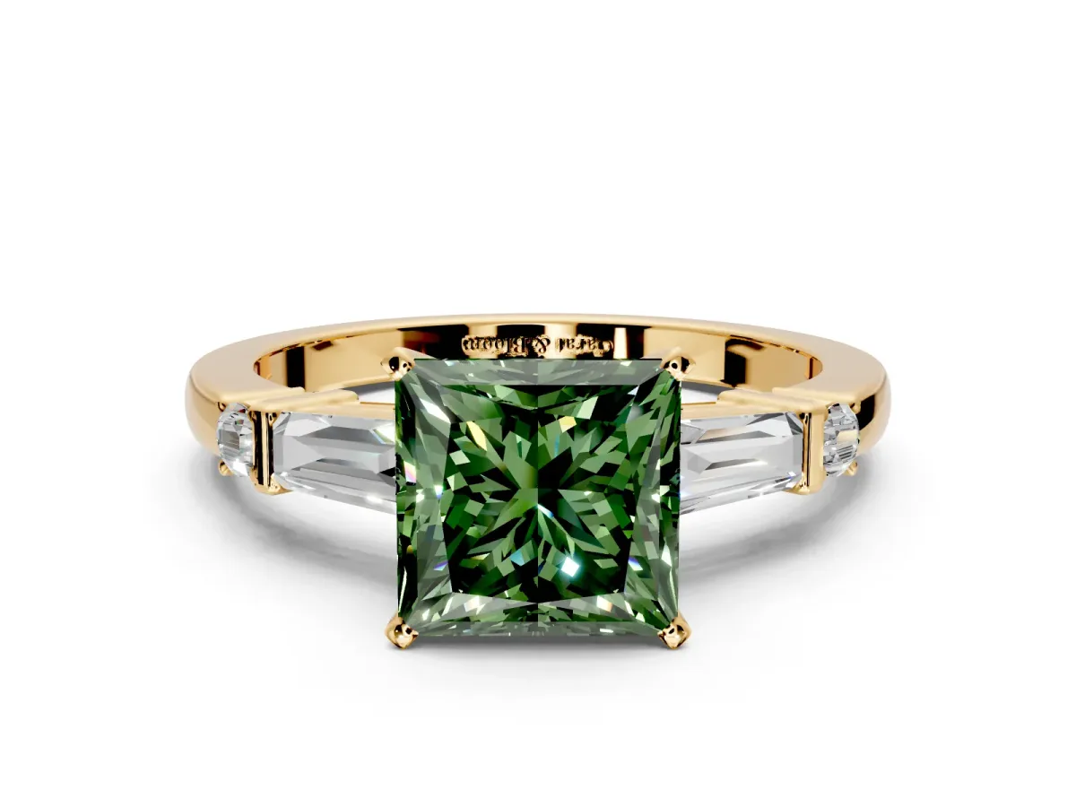 Bar-Set Engagement Ring Setting for Fancy Green Princess Cut Center with Tapered Baguette Accents and Prong Head in Yellow Gold