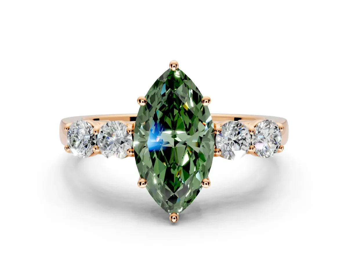 5 Stone Engagement Ring Setting for Fancy Green Marquise Center with Equal Close-Set Accents and Prong Head in Rose Gold