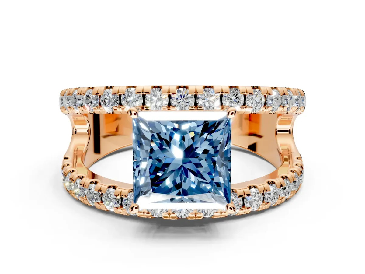 Solitaire Engagement Ring Setting for Fancy Blue Princess Cut Center with Wide-Open Split Shank and Prong Head in Rose Gold