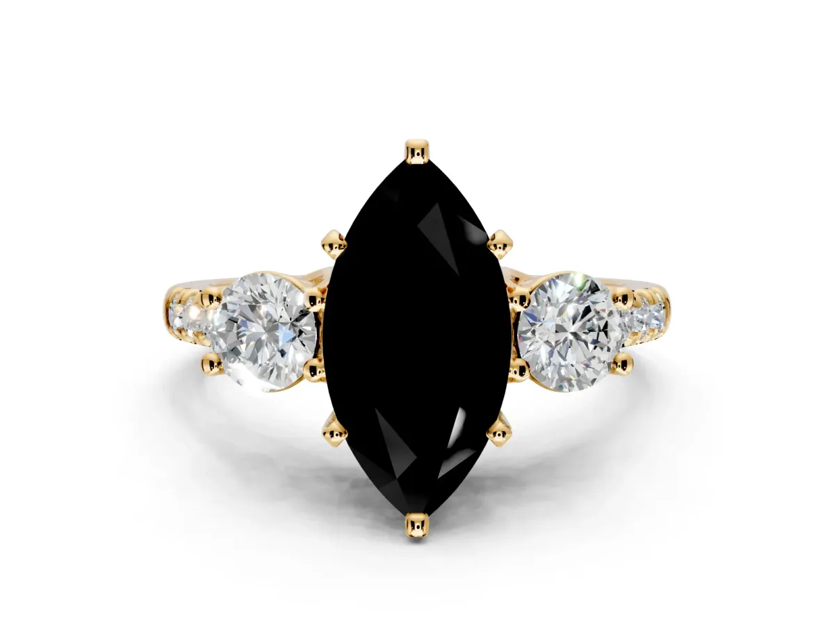 3 Stone Engagement Ring Setting for Fancy Black Marquise Center with Crossover Basket, Pave Band and Prong Head in Yellow Gold