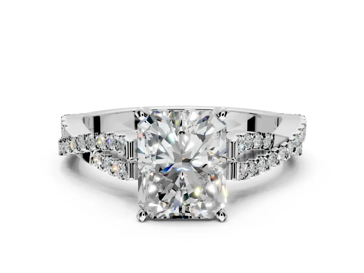 Solitaire Engagement Ring Setting for Radiant Cut Center with Twisted Pave Split Shank and Prong Head in Platinum