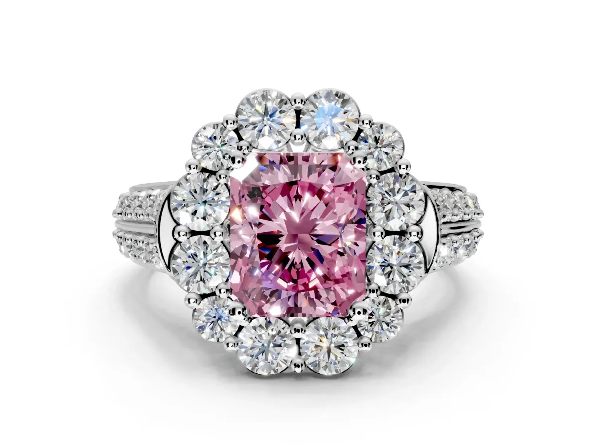 Large Accent Halo Engagement Ring Setting for Fancy Pink Radiant Cut Center with Pave Split Shank and Prong Head in Platinum