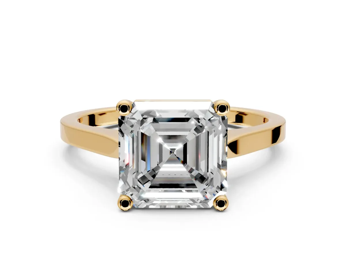 Solitaire Engagement Ring Setting for Asscher Cut Center with Tapered Shoulders and Prong Head in Yellow Gold