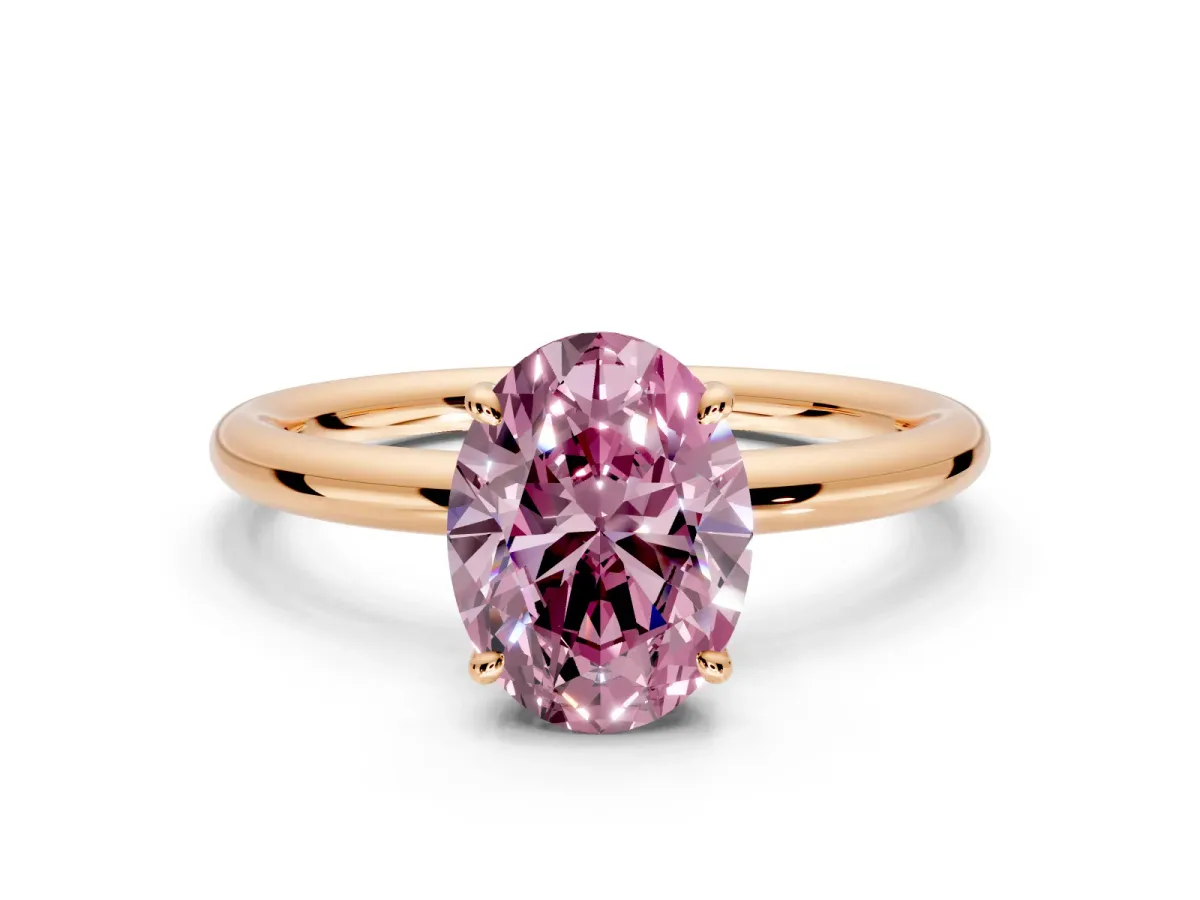 Hidden Halo Engagement Ring Setting for Fancy Pink Oval Center with Thin Rounded Band and Prong Head in Rose Gold