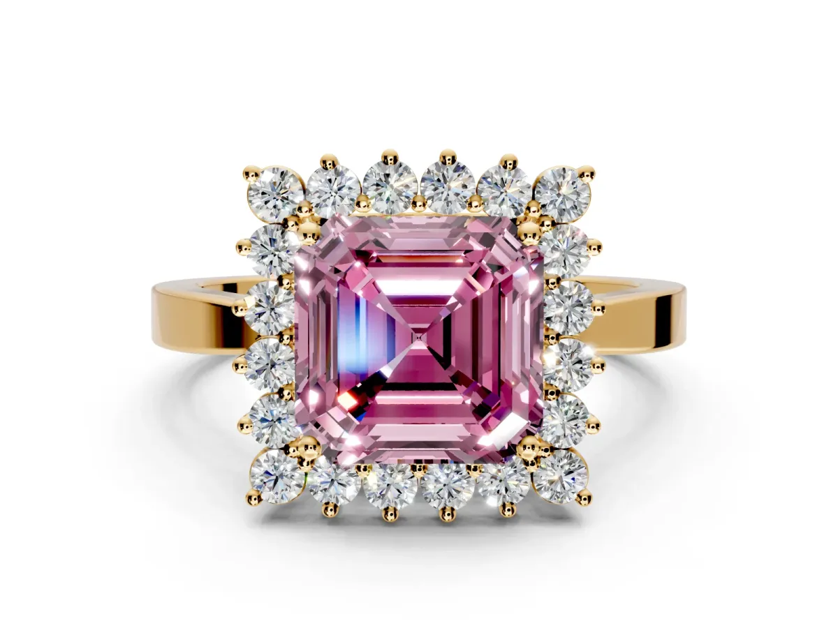 Starburst Halo Engagement Ring Setting for Fancy Pink Asscher Cut Center with Flat Cathedral Band and Prong Head in Yellow Gold