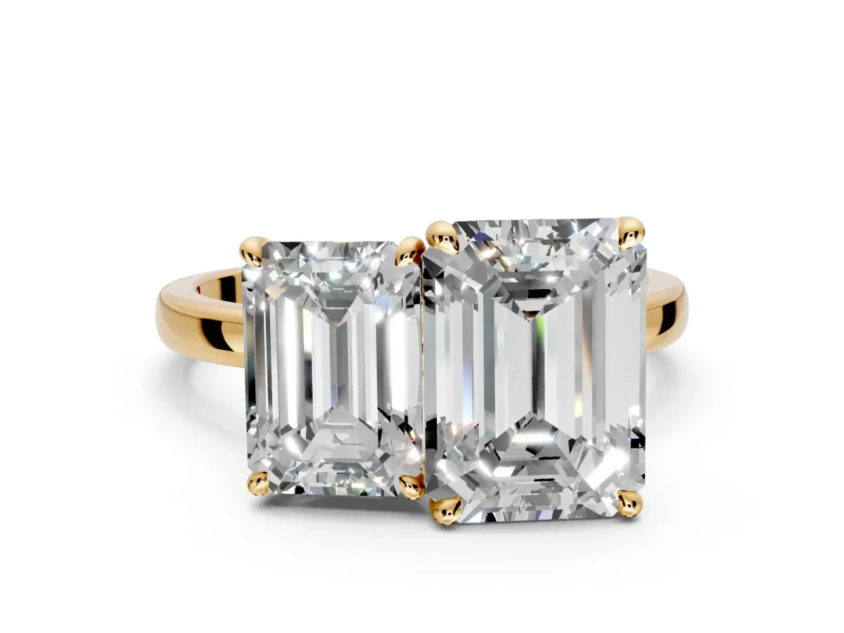 Emerald Cut and Emerald Cut Lab-Grown Diamond Toi et Moi Engagement Ring with Prong-Set Stones in Yellow Gold