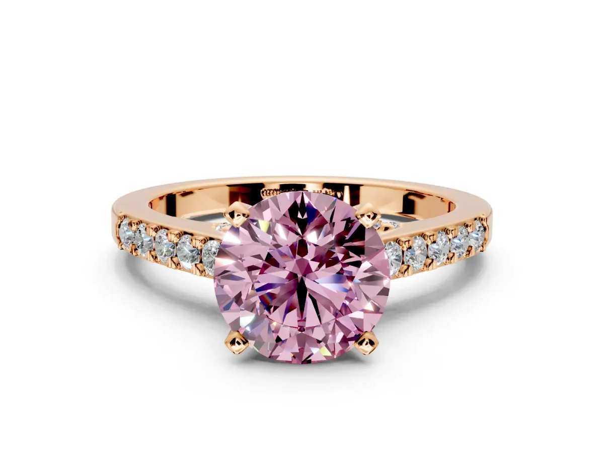Solitaire Engagement Ring Setting for Fancy Pink Round Cut Center with Crossover Accents and Prong Head in Rose Gold