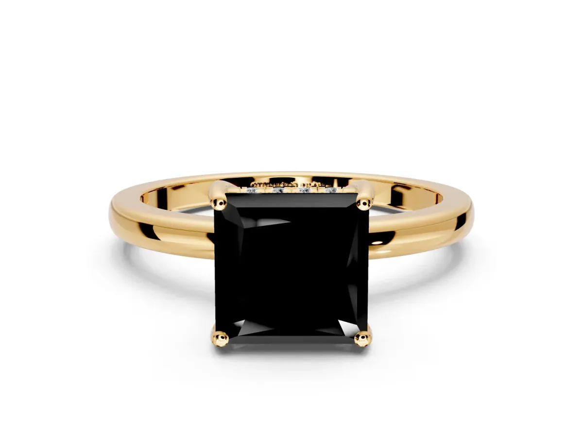 Solitaire Engagement Ring Setting for Fancy Black Princess Cut Center with Fine Wire Band and Prong Head in Yellow Gold