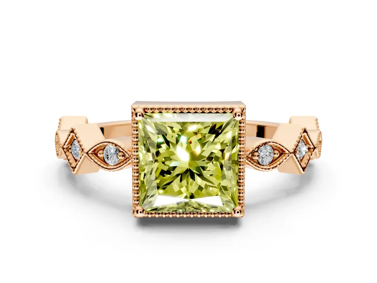 Milgrain Bezel Engagement Ring Setting for Fancy Yellow Princess Cut Center with Marquise Stations and Bezel Head in Rose Gold