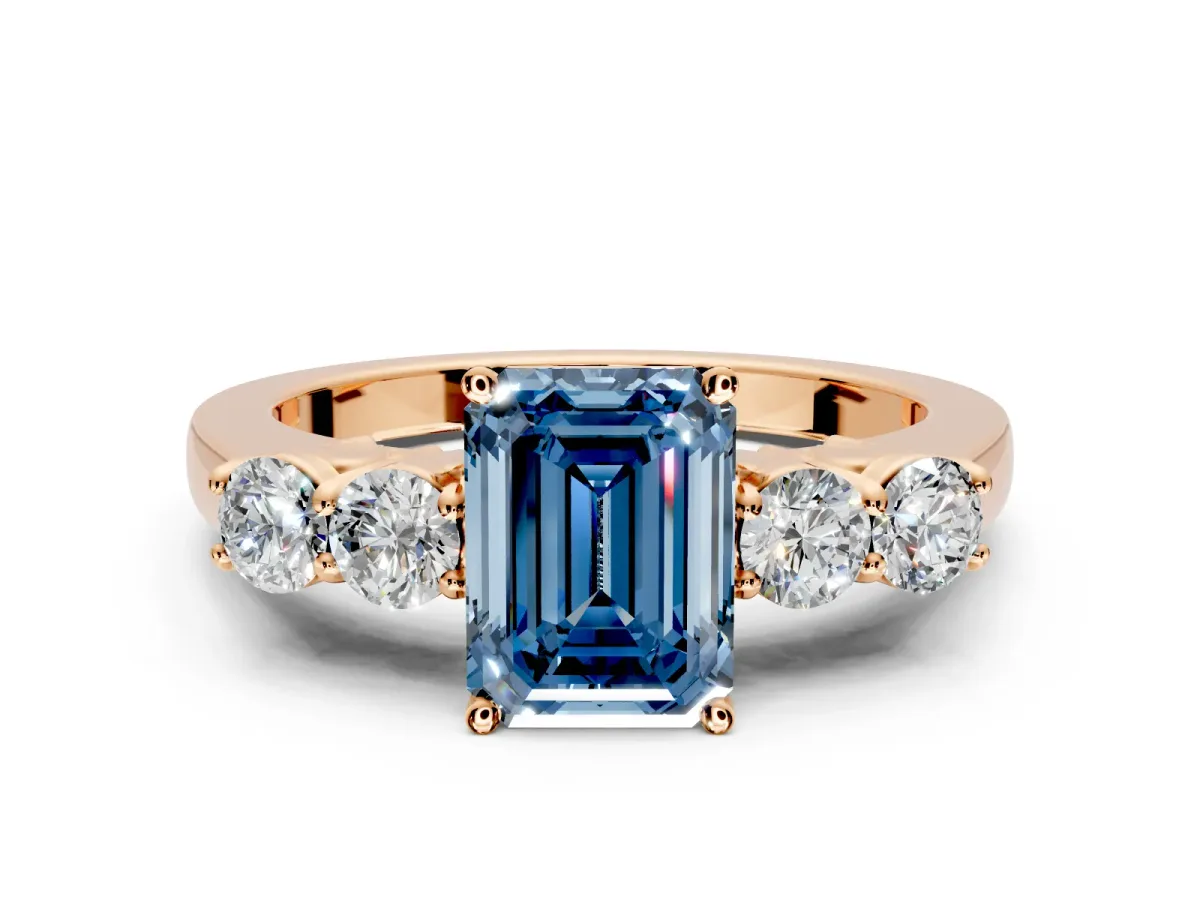 5 Stone Engagement Ring Setting for Fancy Blue Emerald Cut Center with Equal Close-Set Accents and Prong Head in Rose Gold