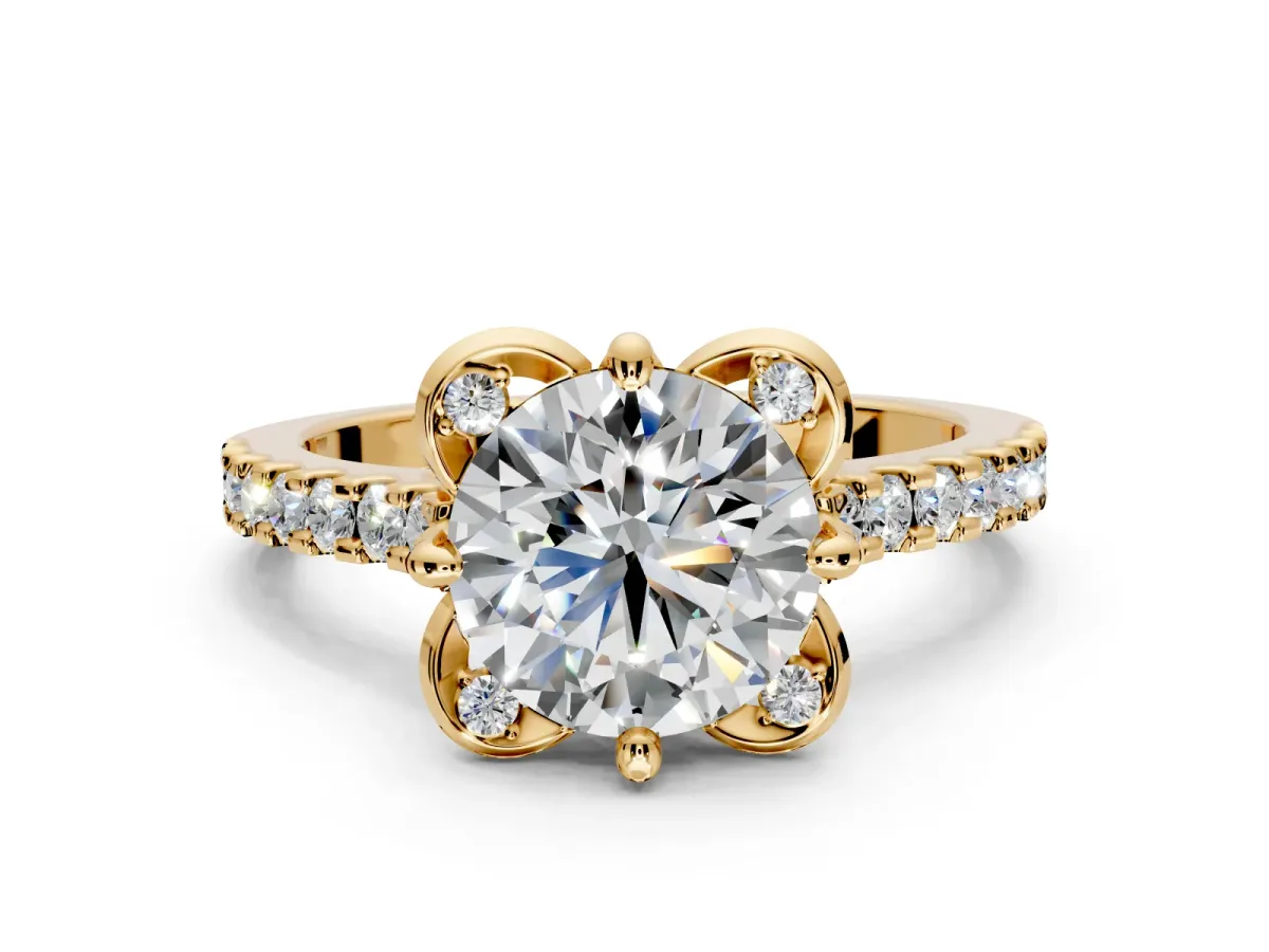 Floral Engagement Ring Setting for Round Cut Center with Pave Band and Floral Prong Head in Yellow Gold
