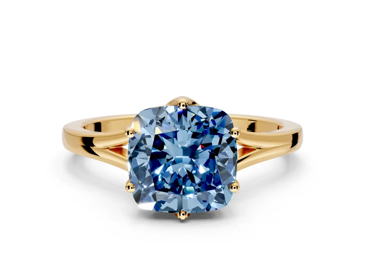 Solitaire Engagement Ring Setting for Fancy Blue Cushion Cut Center with Plain Split Shank and Prong Head in Yellow Gold