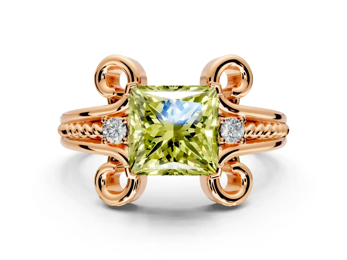 Solitaire Engagement Ring Setting for Fancy Yellow Princess Cut Center with Twisted Band and Scroll Prong Head in Rose Gold