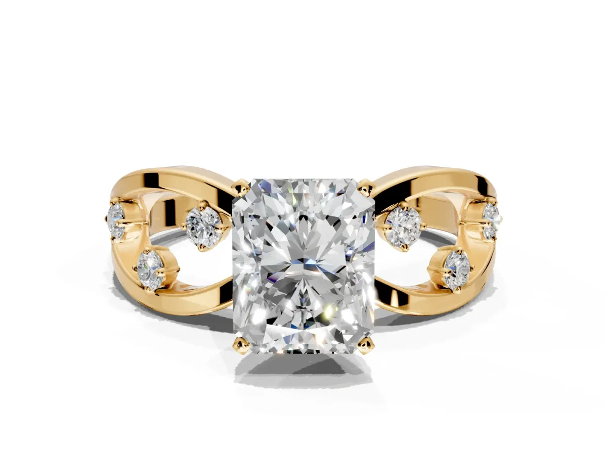 Solitaire Engagement Ring Setting for Radiant Cut Center with Criss-Cross Accent Band and Prong Head in Yellow Gold
