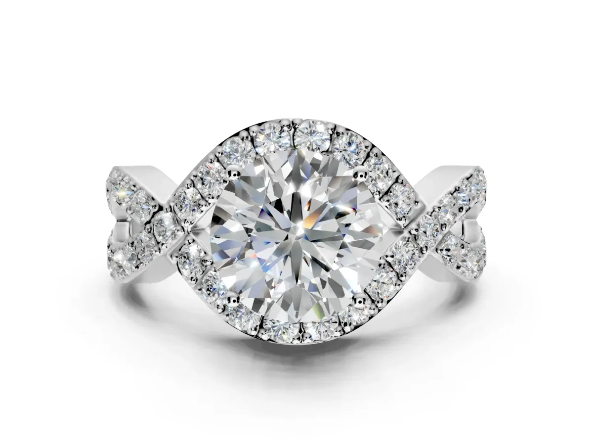 Halo Engagement Ring Setting for Round Cut Center with Pave Infinity Twist Band and Prong Head in Platinum