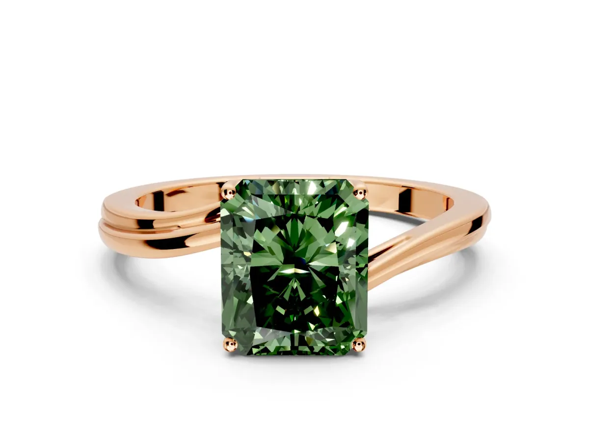 Solitaire Engagement Ring Setting for Fancy Green Radiant Cut Center with Plain Bypass Twist Band and Prong Head in Rose Gold
