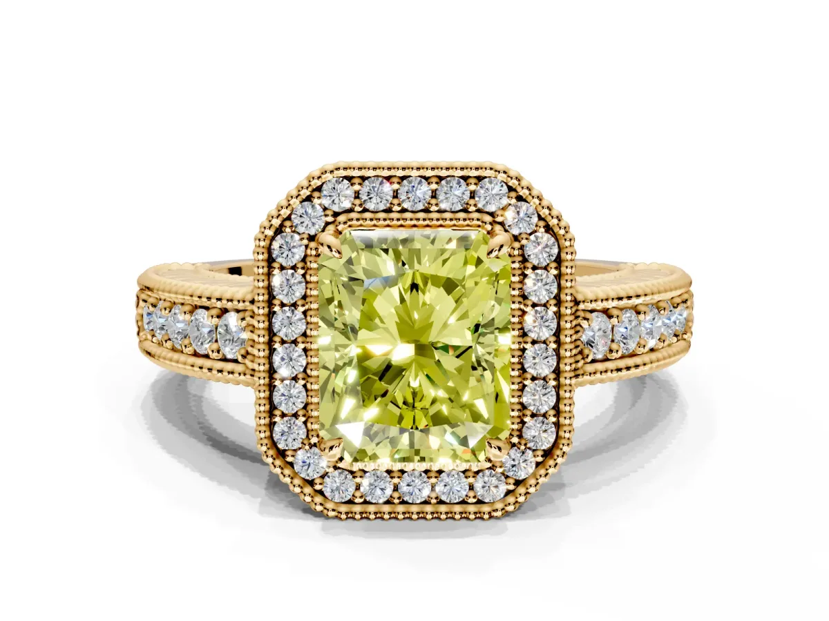 Milgrain Halo Engagement Ring Setting for Fancy Yellow Radiant Cut Center with Pave Band and Prong Head in Yellow Gold