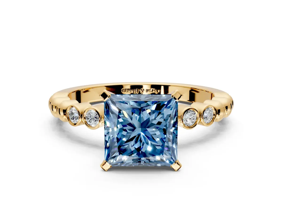 Solitaire Engagement Ring Setting for Fancy Blue Princess Cut Center with Bezel-Dot Beaded Band and Prong Head in Yellow Gold