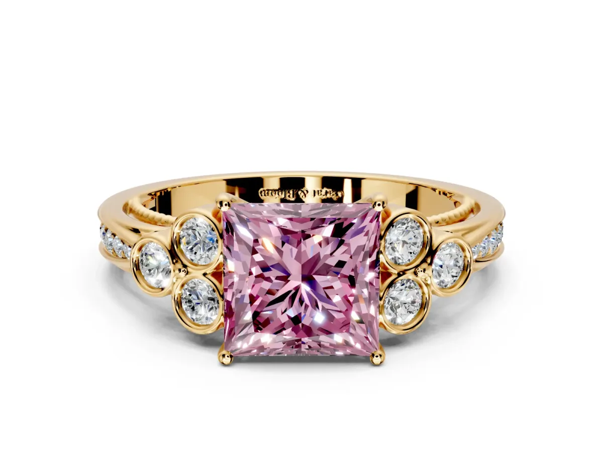Cluster Engagement Ring Setting for Fancy Pink Princess Cut Center with Bezel Accent Clusters and Prong Head in Yellow Gold