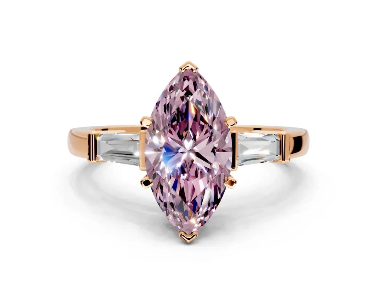 3 Stone Engagement Ring Setting for Fancy Pink Marquise Center with Channel Baguette Accents and Prong Head in Rose Gold
