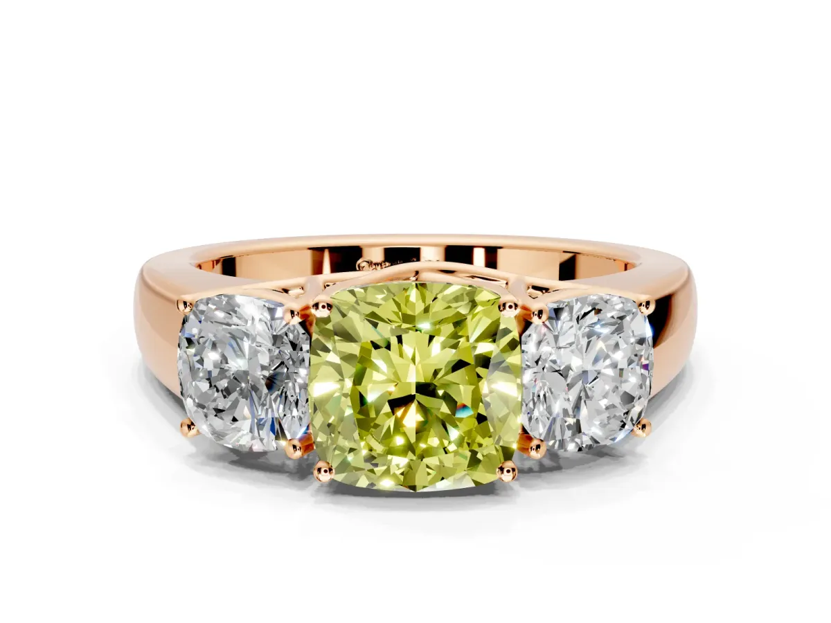 3 Stone Engagement Ring Setting for Fancy Yellow Cushion Cut Center with Raised Basket Heads and Prong Head in Rose Gold