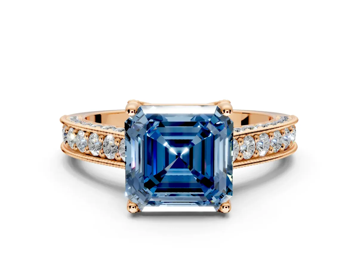 Solitaire Engagement Ring Setting for Fancy Blue Asscher Cut Center with Milgrain-Framed Pave Band and Prong Head in Rose Gold